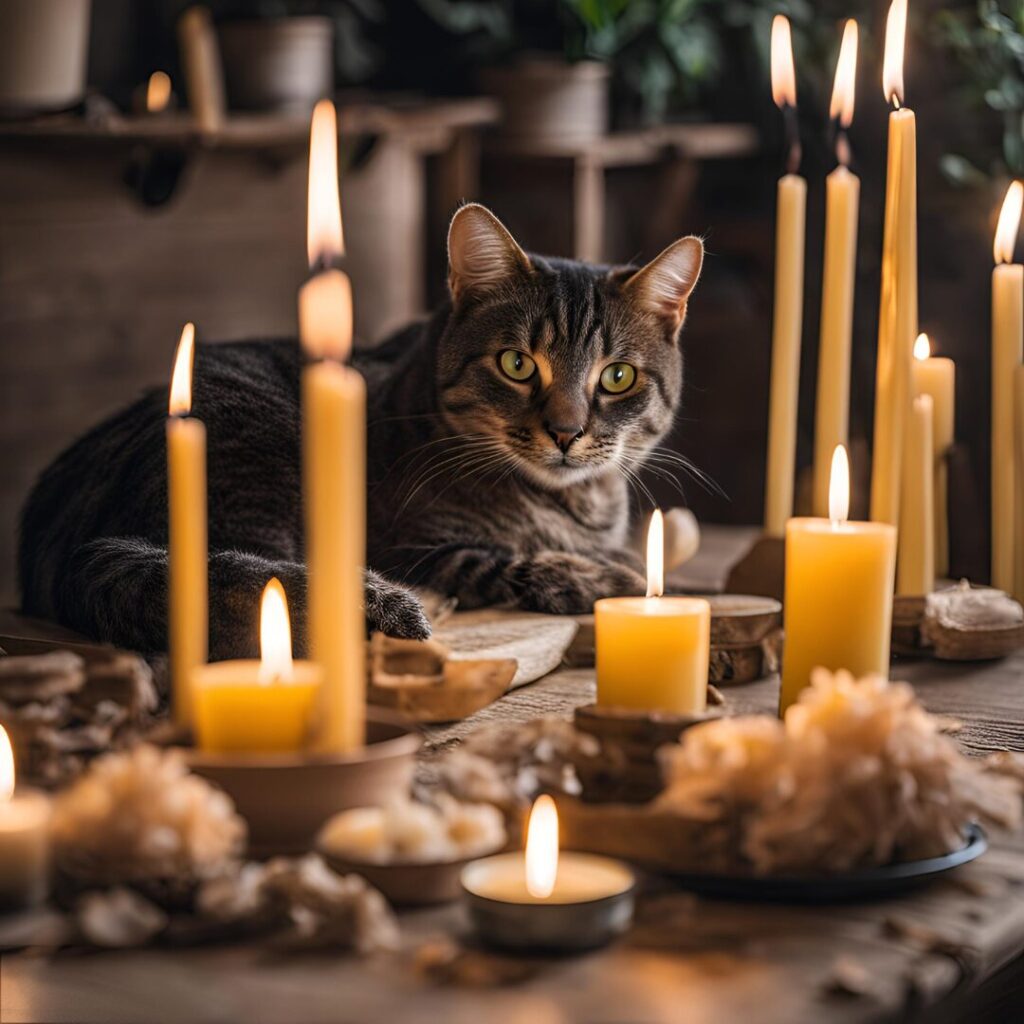 Cat lounging near a lit candle on a coffee table