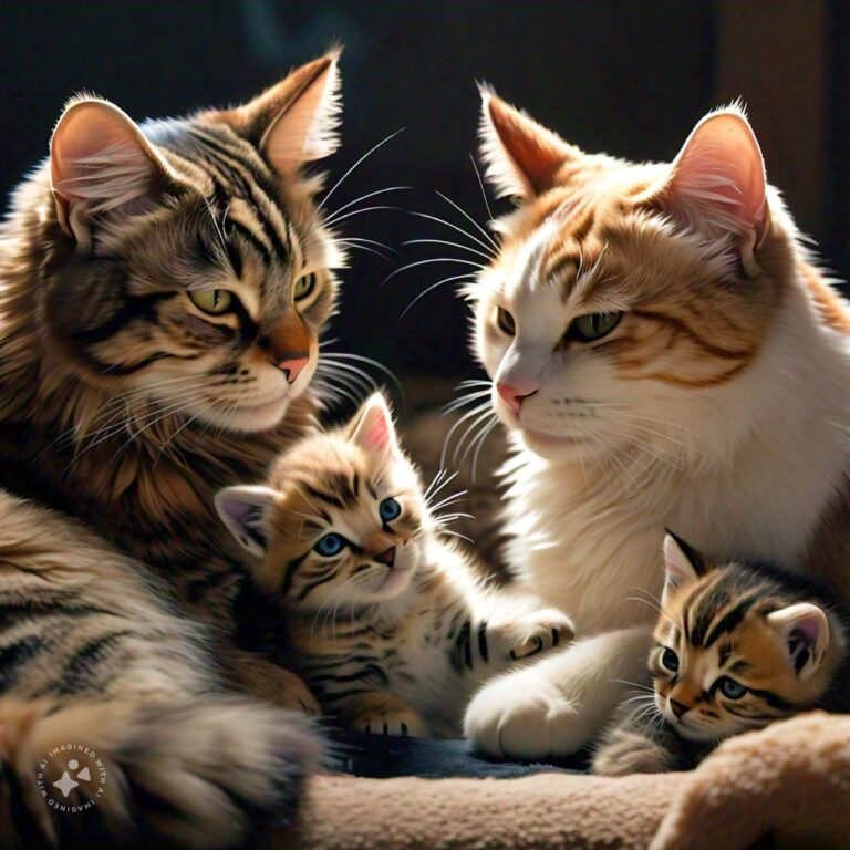 A male cat gently interacting with kittens, illustrating positive behavior and the importance of socialization to prevent aggression.