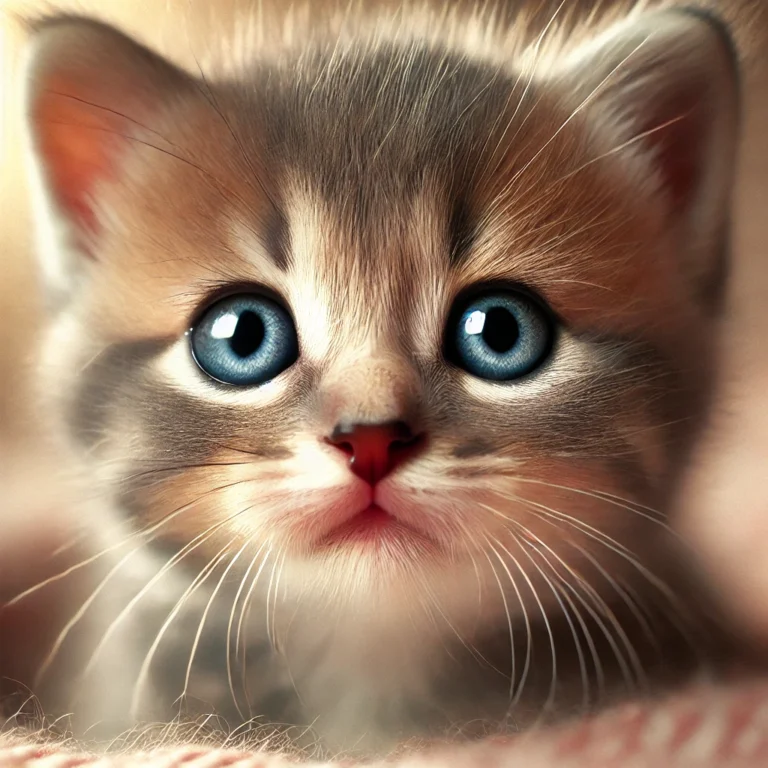 Close-up of a young kitten with blue eyes, softly blurred background.