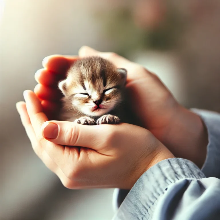 Newborn kitten being gently held in hands, symbolizing care and protection for motherless kittens.