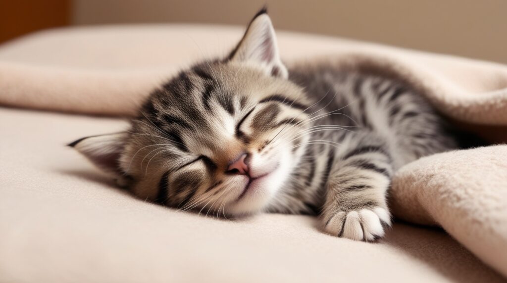 Close-up of a kitten sleeping peacefully with a fast breathing pattern, lying on a soft blanket.