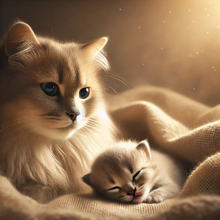 A mother cat gently resting beside her kittens in a cozy, soft, and warm environment, with one kitten lying peacefully, indicating it has passed away. The scene is dimly lit, evoking empathy and tenderness.