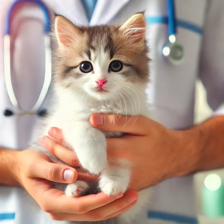 A close-up of a healthy kitten being gently held by a veterinarian in a clean, professional clinic setting