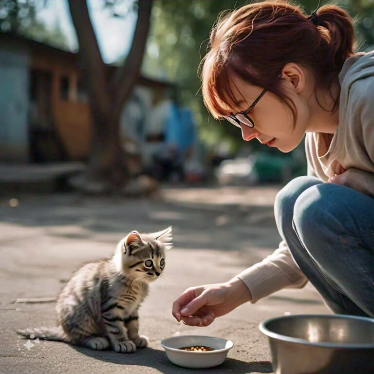 Stray kitten sitting on a blanket looking up, ready to be fed