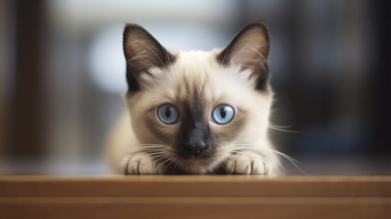 A fluffy kitten with blue eyes opening its eyes for the first time on a soft blanket in a cozy room