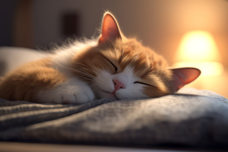 Kitten sleeping peacefully on a soft blanket with a slight rise and fall of its chest, showing normal breathing.