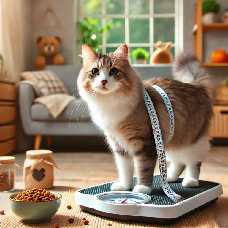 Healthy cat standing on a scale with a measuring tape around its body and a bowl of cat food nearby, representing weight management for cats.