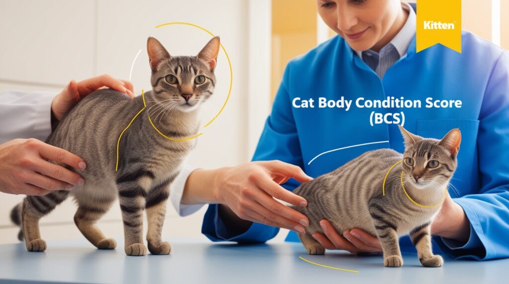 Veterinarian assessing a cat's body condition score in a veterinary clinic, with the cat shown from side and top views, highlighting areas like ribs and waist to demonstrate BCS evaluation.