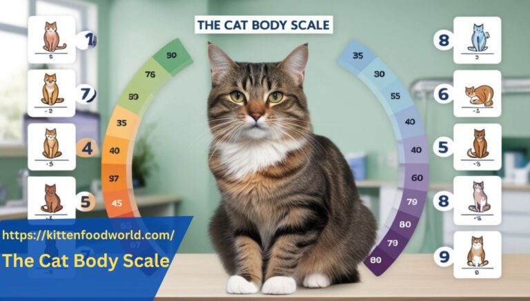 Illustration of the cat body scale with different body condition scores from 1 to 9, highlighting various cat body types in a veterinary setting.