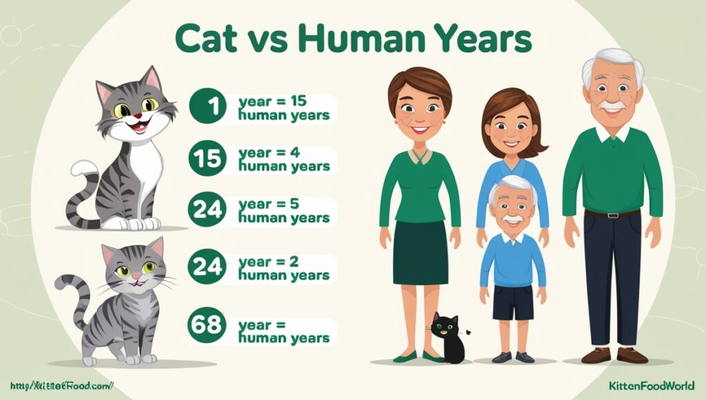 An infographic comparing cat years to human years, featuring a progression of a cartoon cat growing from a kitten to an elderly cat with labeled ages (e.g., 1 cat year equals 15 human years). Beside the cat, cartoon humans age from a baby to an elderly person, aligned with the cat's milestones. The design includes clear labels and a light, educational background, making it visually appealing and easy to understand.