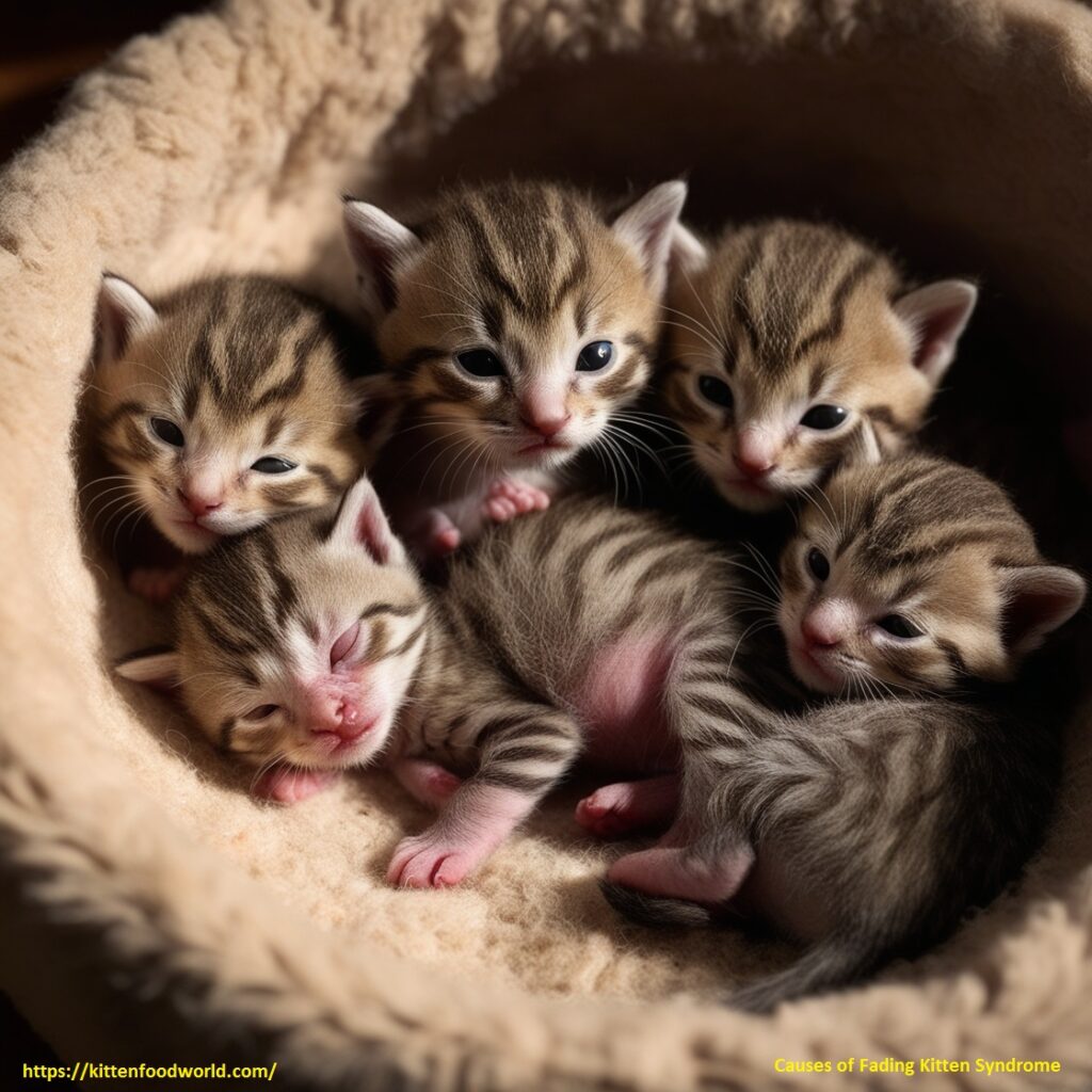 A group of newborn kittens resting in a cozy nest, with one kitten visibly smaller and weaker, showing signs of illness, highlighted by soft shadows and dim lighting.