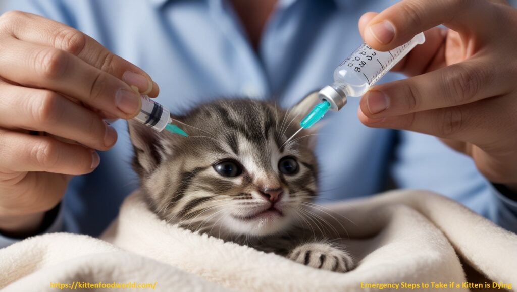 Close-up of a person feeding a weak kitten with a syringe of electrolytes, wrapped in a heated blanket. The scene highlights urgency and care with soft lighting emphasizing the emergency action.