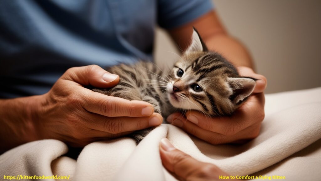 A person gently cradling a weak kitten wrapped in a soft blanket, with warm lighting creating a peaceful, nurturing atmosphere, symbolizing comfort and care for the dying kitten.