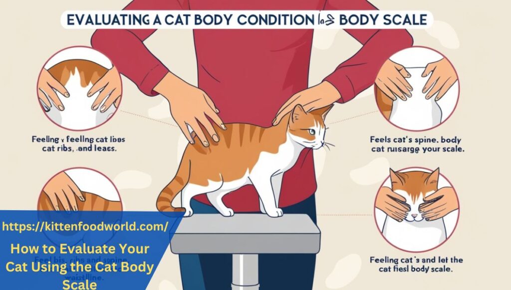 Step-by-step illustration showing a person evaluating a cat’s body condition by feeling the ribs, spine, and waistline, demonstrating how to assess using the cat body scale.