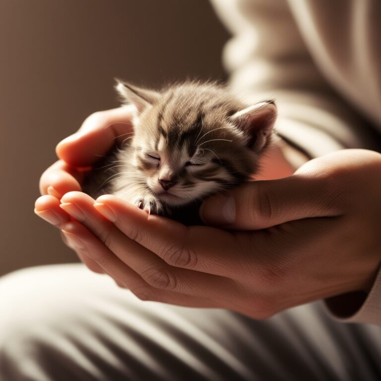 Person gently cradling a weak kitten in their hands.