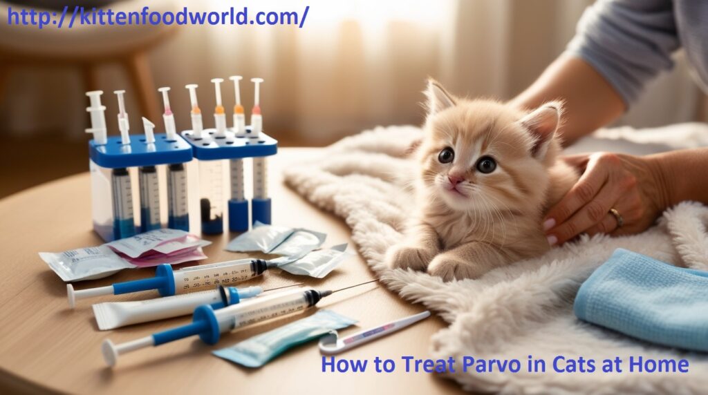 Pet owner administering supportive care to a kitten at home to treat parvovirus