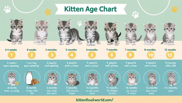 An educational illustration titled "Kitten Age Chart," showing kittens at various growth stages from newborn to 12 months, with milestones listed beside each. The background features soft pastel colors with playful icons like paw prints and toys.