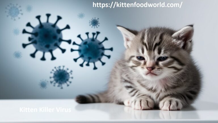 A sad-looking kitten with faint virus particles in the background, symbolizing the dangers of the Kitten Killer Virus.