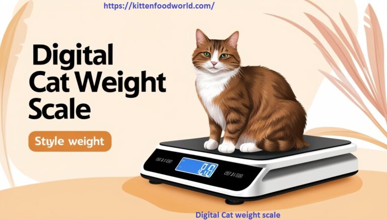 Healthy, happy cat sitting on a digital weight scale in a cozy home environment, with the cat's weight displayed on the scale.