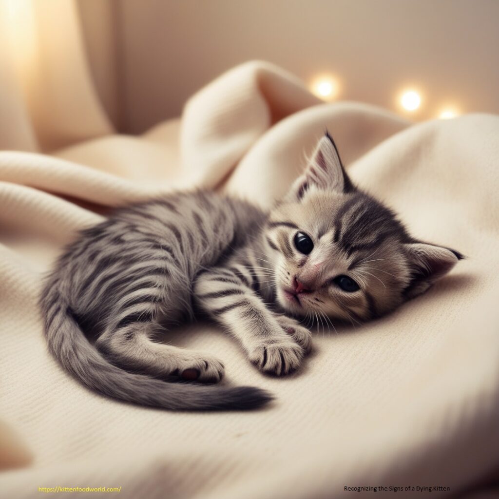 A frail kitten lying weakly on a soft blanket with half-open eyes, pale fur, and slow breathing in a gentle, warm-lit environment.