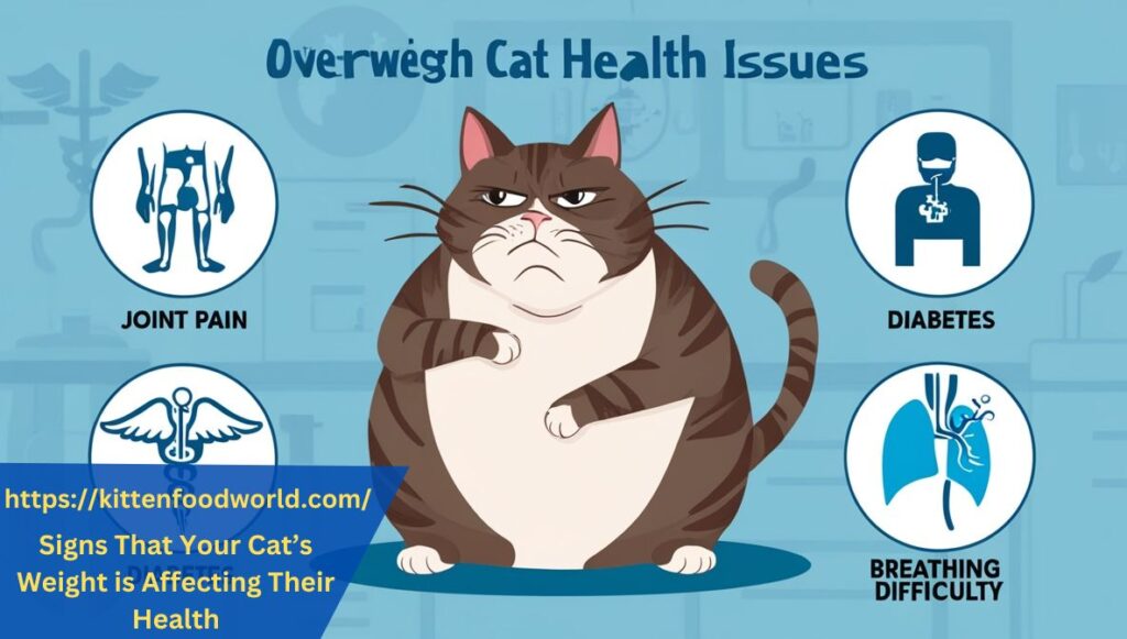 Infographic depicting an overweight cat experiencing health issues such as joint pain and breathing difficulties, with icons representing various health risks linked to obesity in cats.