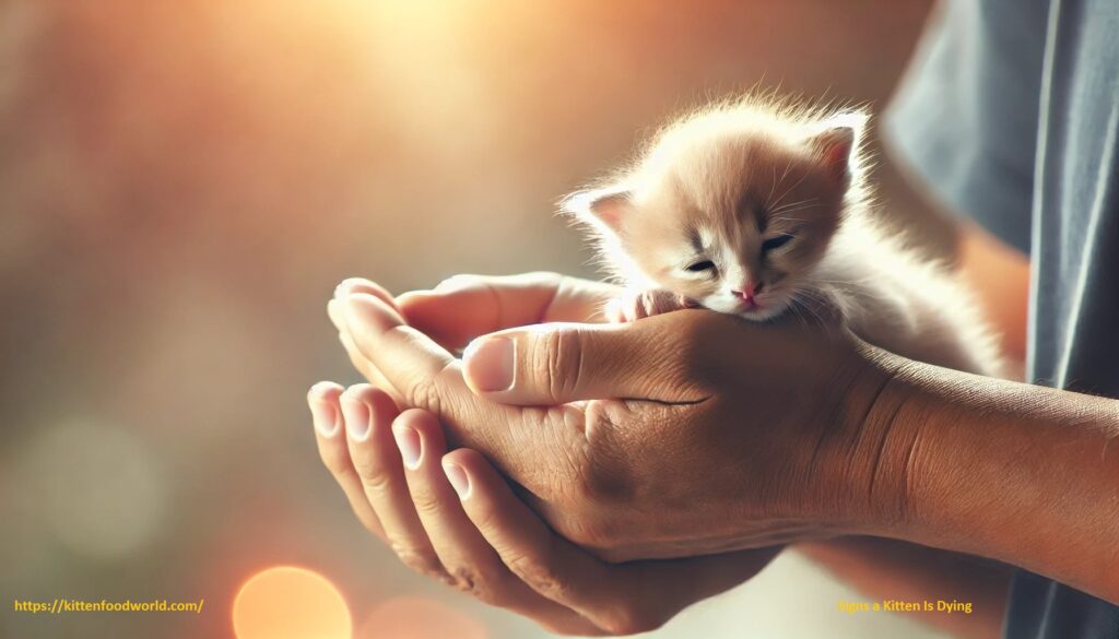 A caregiver gently holding a weak kitten in their hands, showing concern and compassion. The kitten has its eyes half-closed, resting against the caregiver's palm, with a softly blurred warm background emphasizing the emotional connection and urgency of care.