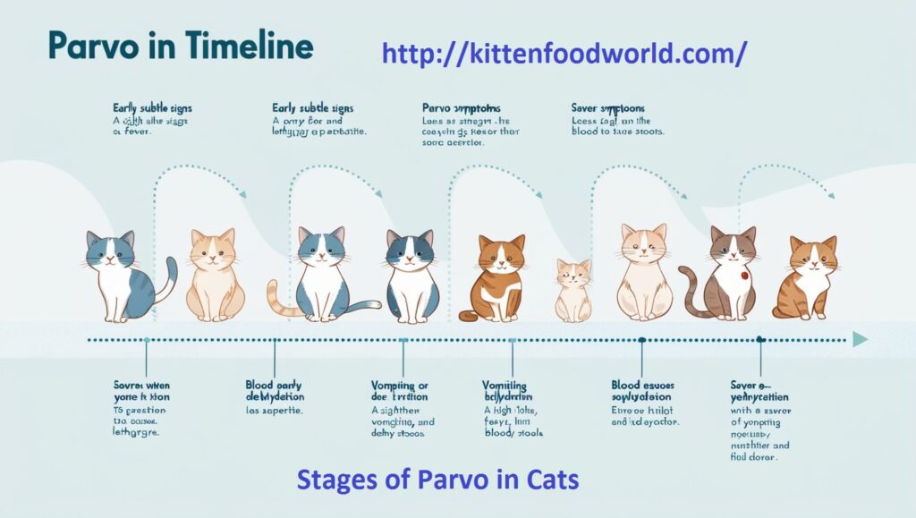 Diagram of parvovirus stages in cats, highlighting the progression of symptoms.