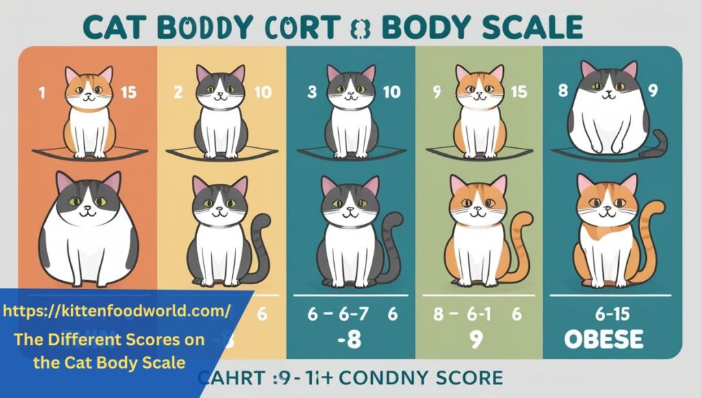 Chart displaying nine body condition scores for cats, from thin to obese, with each score represented by a different cat illustration to show body changes.