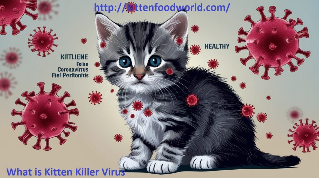 Illustration of virus particles near a kitten, representing the Kitten Killer Virus.