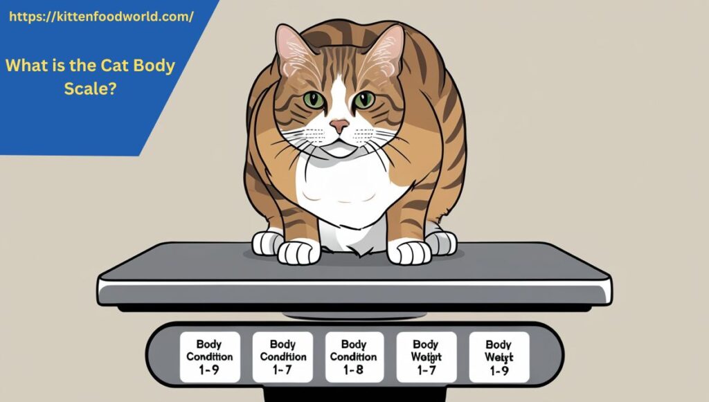 Illustration of a cat standing on a weight scale with labeled body condition scores, focusing on different body types from thin to obese with a plain background.