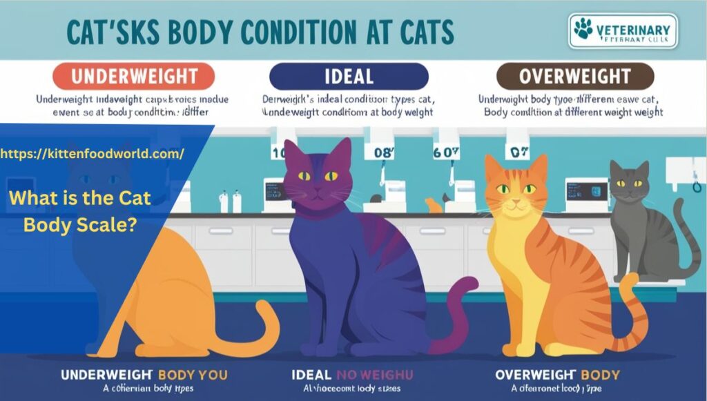 Infographic showing various cat body conditions from underweight to overweight, with a veterinary clinic background highlighting the importance of monitoring cat body weight