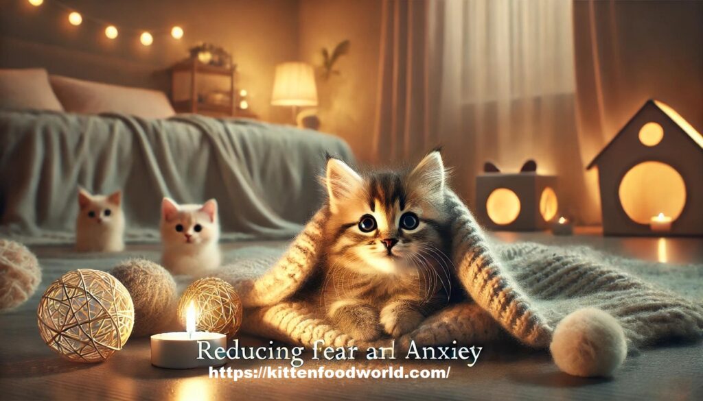 Kitten resting comfortably in a soft blanket in a calm, cozy indoor setting, symbolizing a safe environment that helps reduce fear and anxiety during early development.