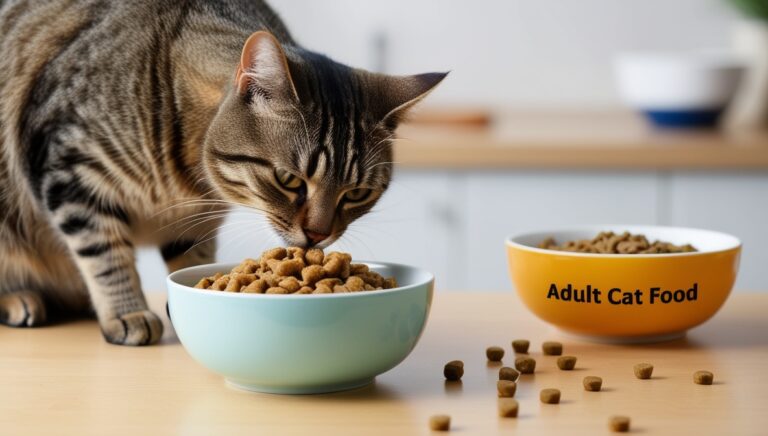 Adult tabby cat sniffing a bowl of kitten food on a kitchen counter with a hesitant expression.