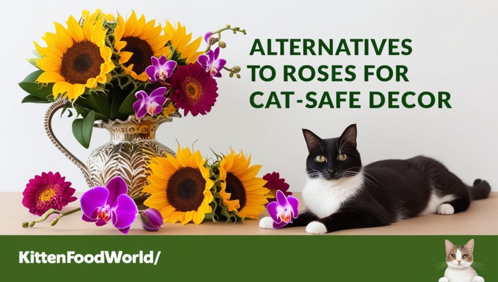 A flower arrangement with sunflowers, zinnias, and orchids, with a cat lounging nearby.