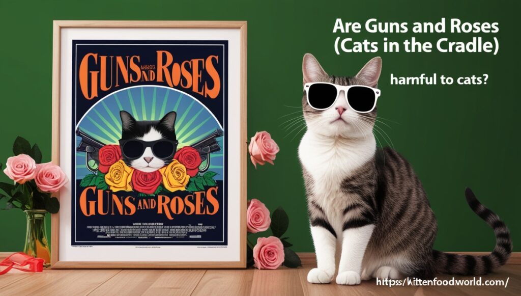 A cat with sunglasses sitting near a "Guns and Roses" poster and roses.