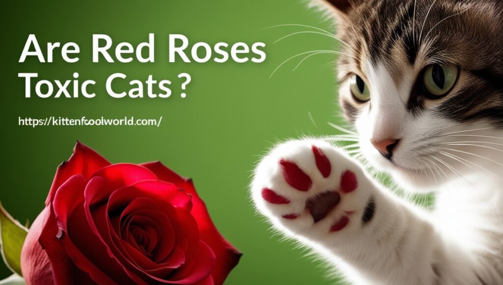 A cat’s paw reaching toward a red rose in a close-up shot.