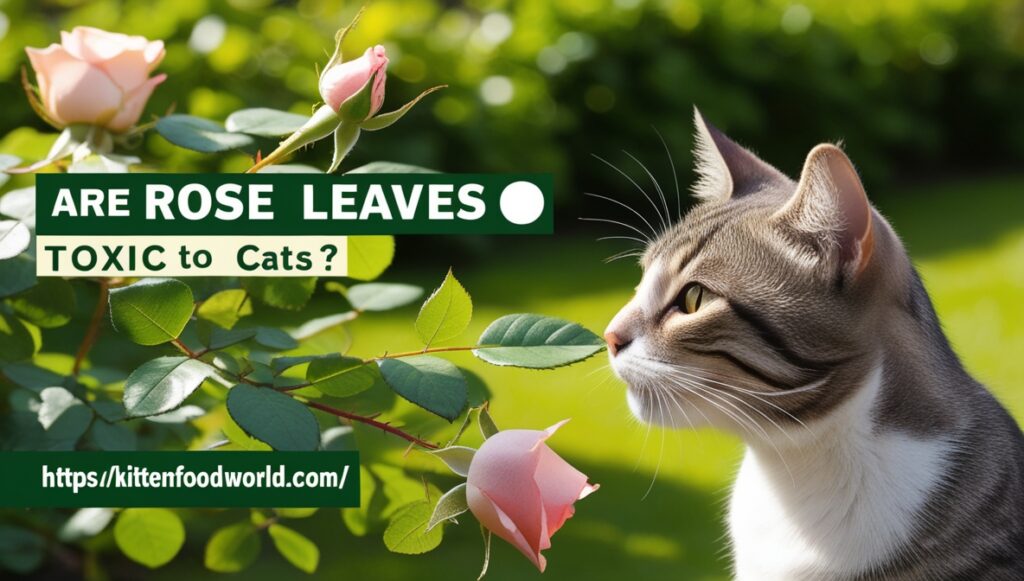 A cat sniffing rose leaves in a green garden under sunlight.