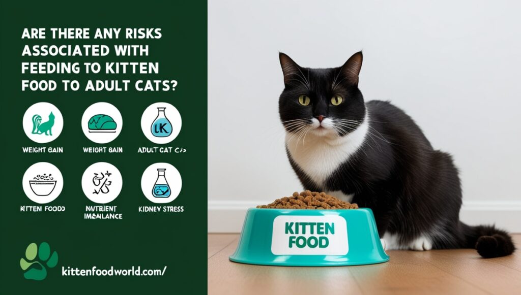 Illustration of potential risks for adult cats eating kitten food, including weight gain and nutrient imbalance