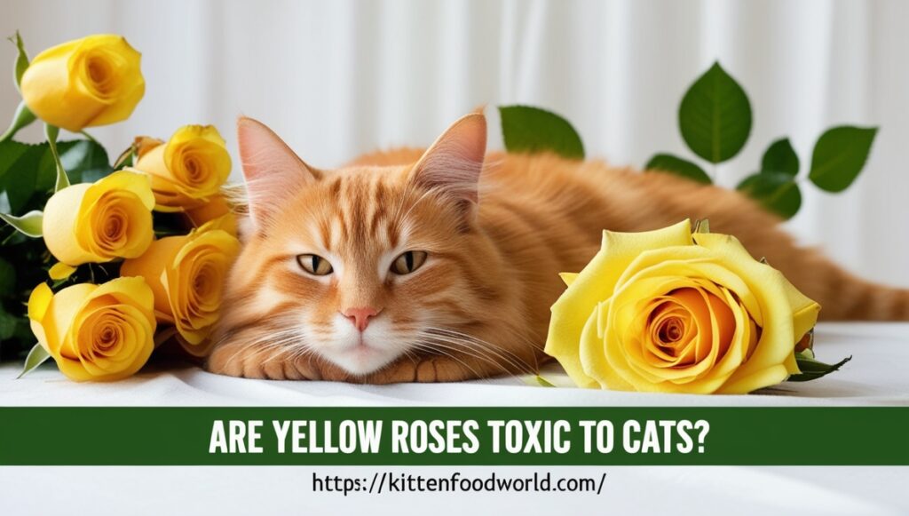 An orange cat lying next to a yellow rose bouquet on a tablecloth.

