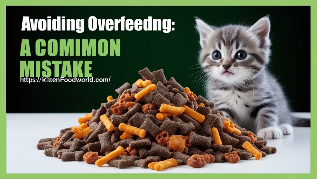 Kitten surrounded by too many treats, symbolizing overfeeding.