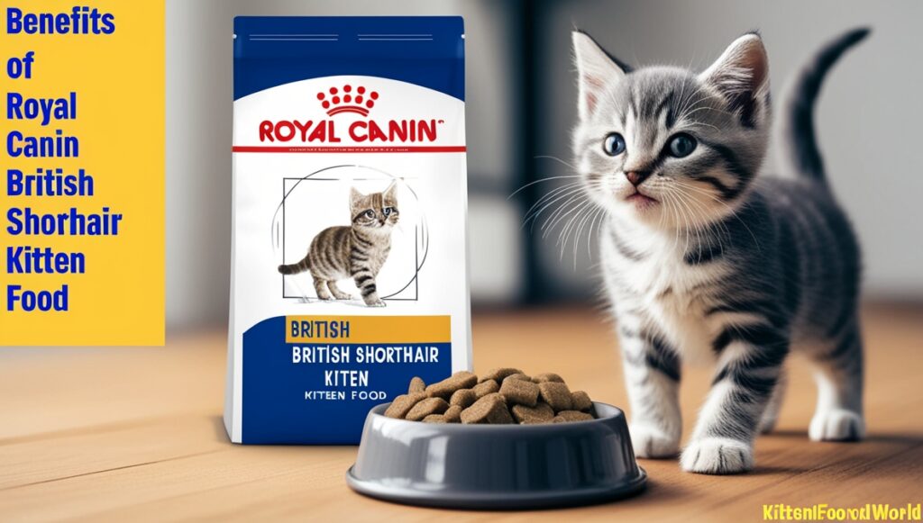 Royal Canin British Shorthair Kitten food packaging with kibbles in a bowl, and a British Shorthair kitten in the background.