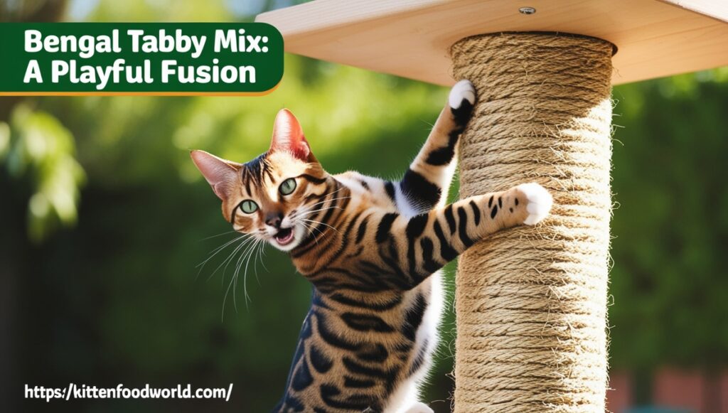 Bengal tabby mix climbing a cat tree, showcasing its marbled coat. 