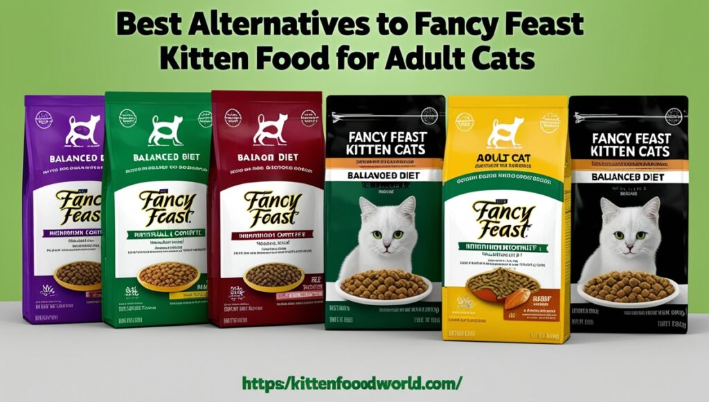 Various adult cat food brands displayed as alternatives to kitten food