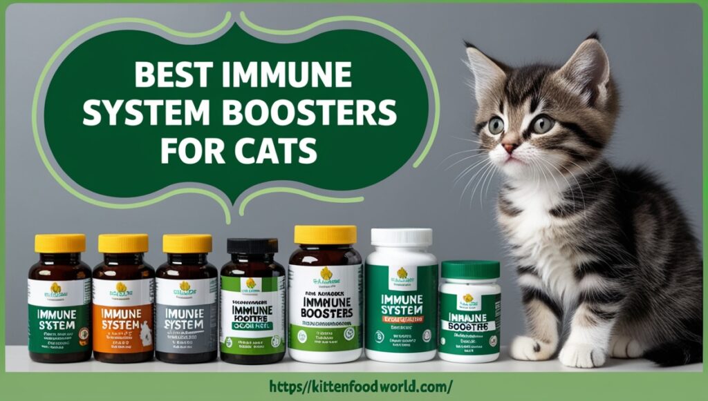 Immune system booster products for cats displayed with a curious kitten nearby.