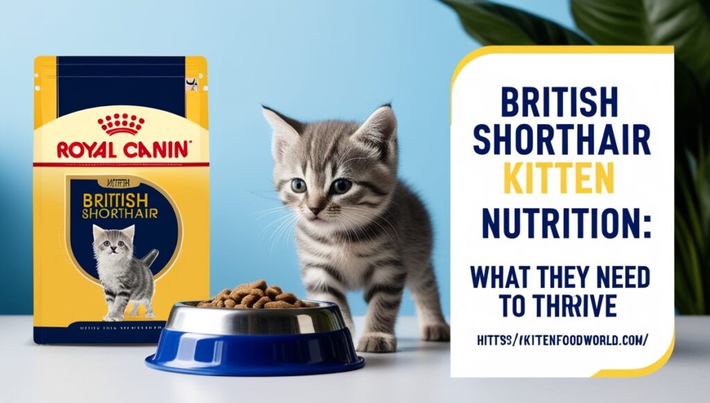 British Shorthair kitten looking at a bowl of Royal Canin British Shorthair Kitten food.