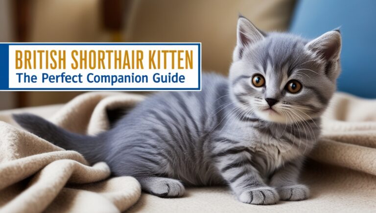 British Shorthair kitten with a plush blue-gray coat and amber eyes sitting on a cozy blanket, looking curious and calm.