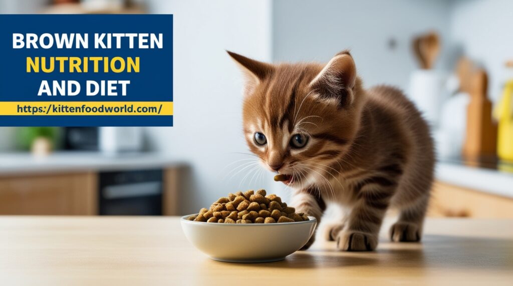 Brown kitten eating from a bowl.