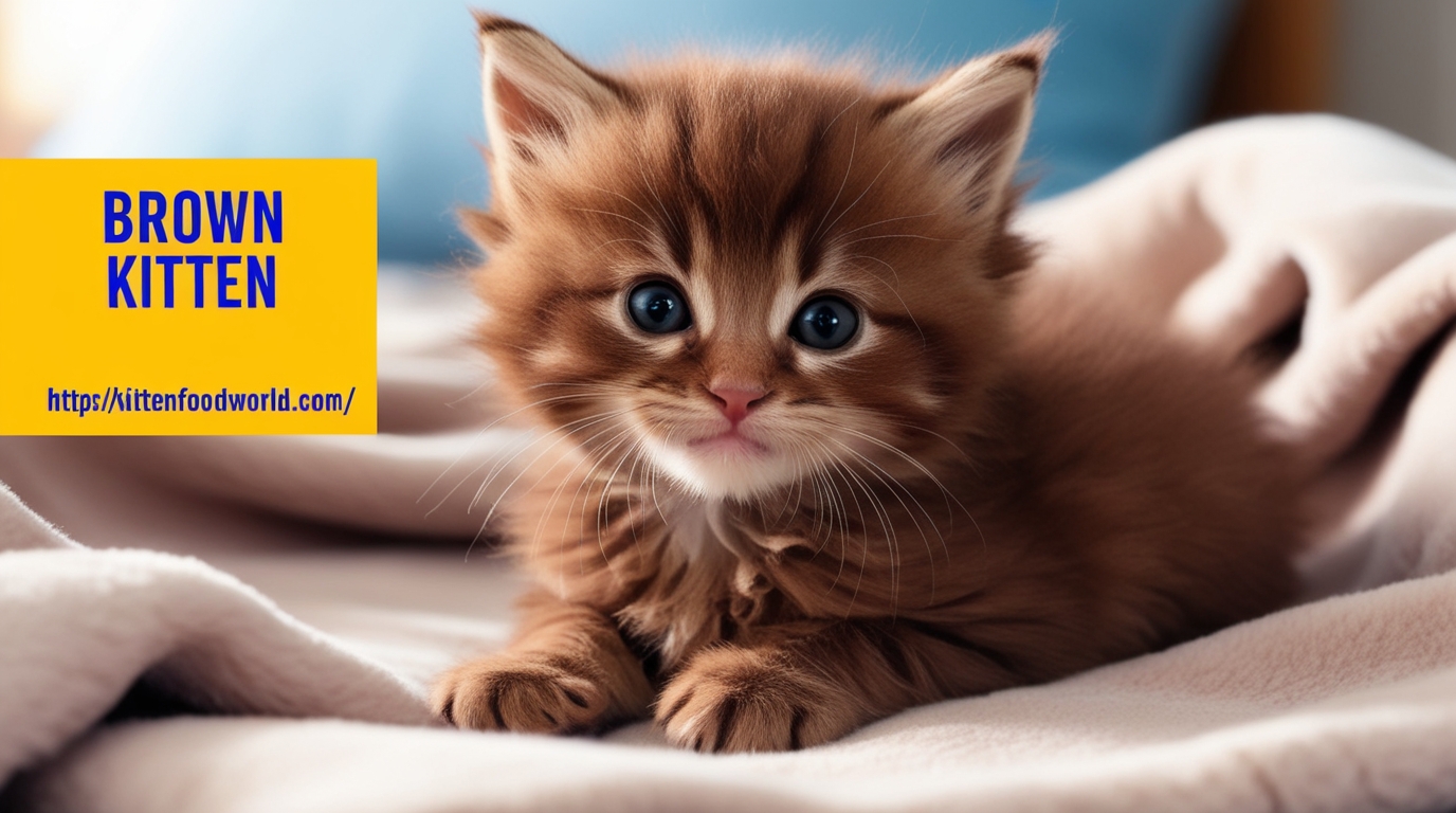 Close-up of a brown kitten with bright eyes, sitting in a cozy blanket