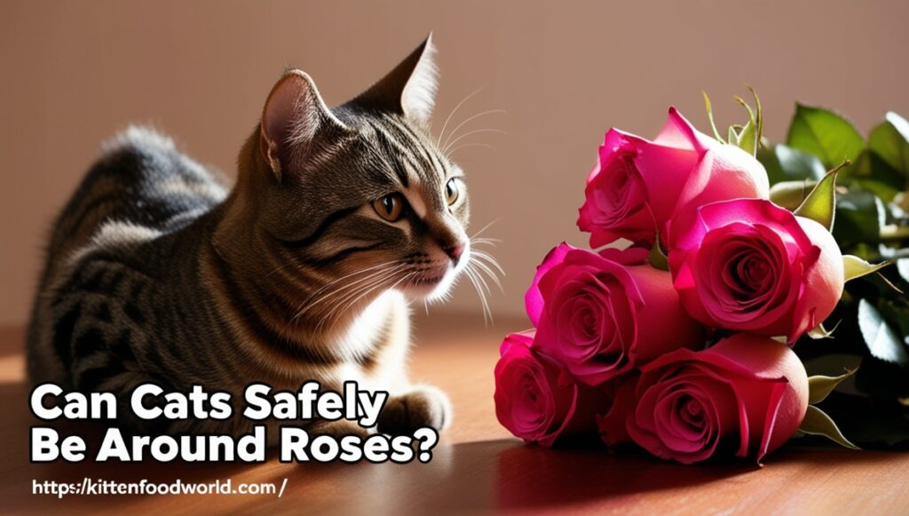 A tabby cat sitting near a bouquet of roses, looking curious.