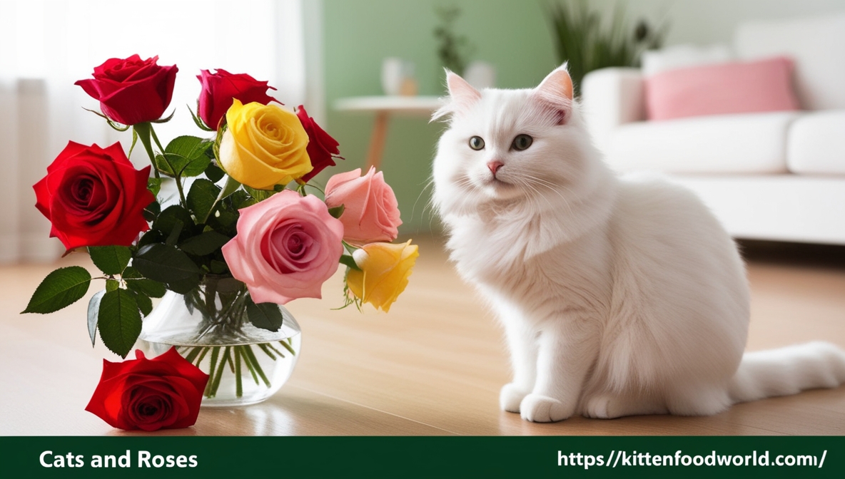 A fluffy white cat sitting near a vase of colorful roses in a cozy indoor setting.